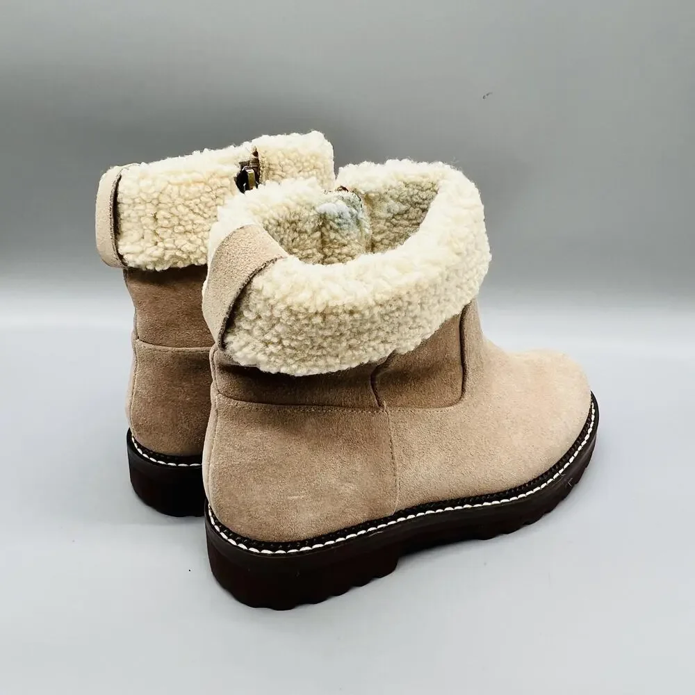 Blondo Boots Womens 5.5 Beige Suede Waterproof Shearling Ankle Zip Booties Shoes